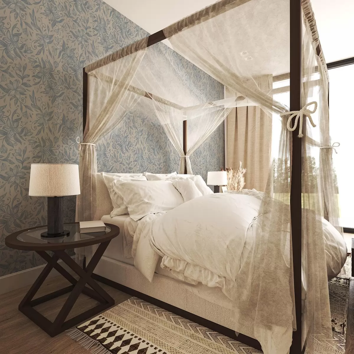 Тапети Синьо линейно флорално мотив върху топло бежово a00630v2