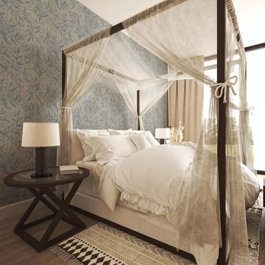 Фототапет Синьо линейно флорално мотив върху топло бежово a00630v2