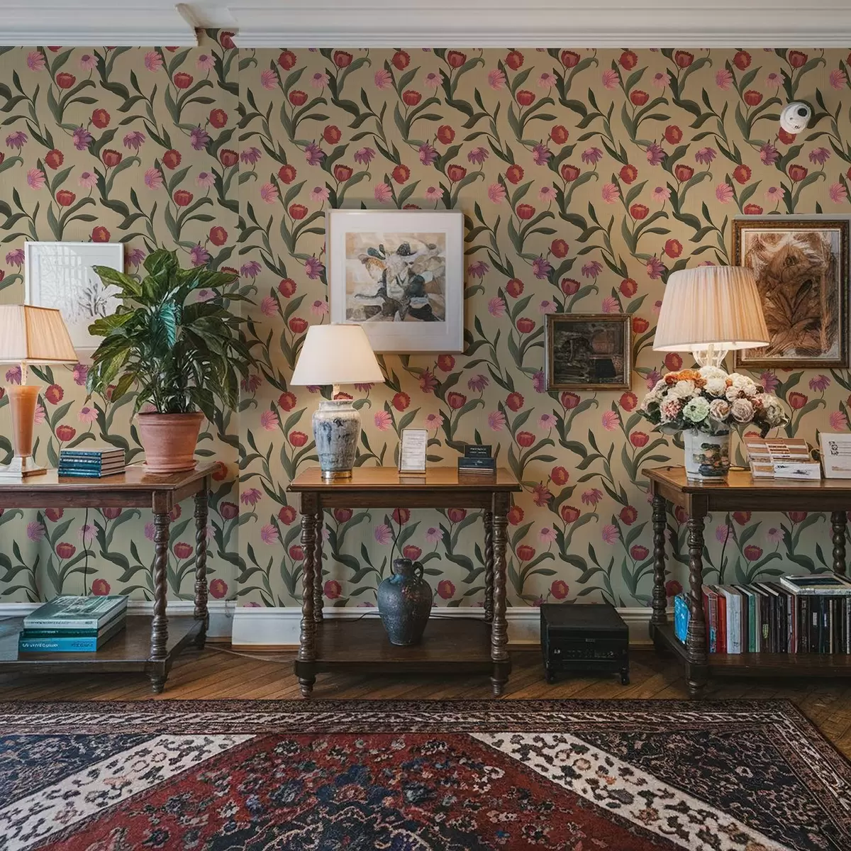 Тапети Розово-червени цветя на бежов фон, ръчно рисувана текстура a00631