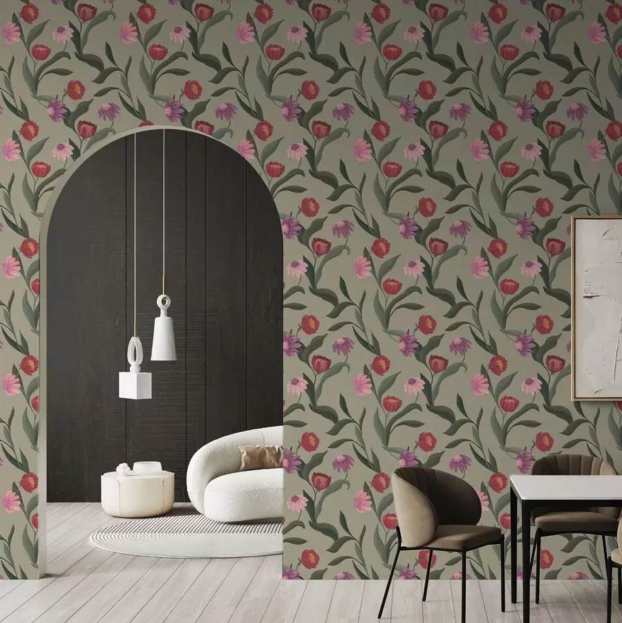 Фототапет Розово-червени цветя на маслинено зелен фон, текстура на платно a00631v1