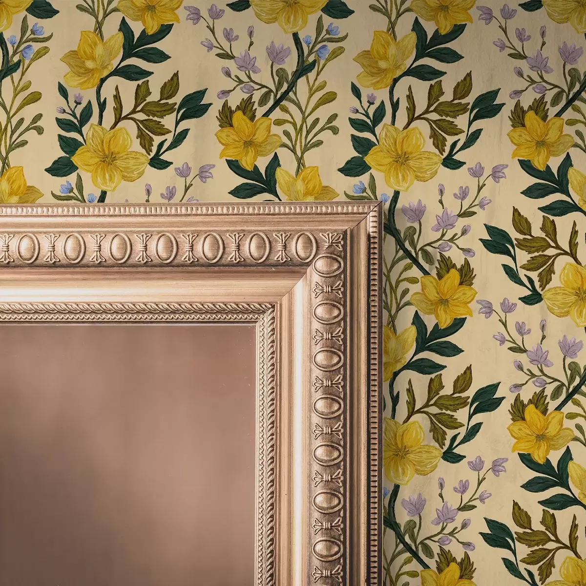 Тапети Жълти цветя във вертикални гирлянди на кремав фон a00632