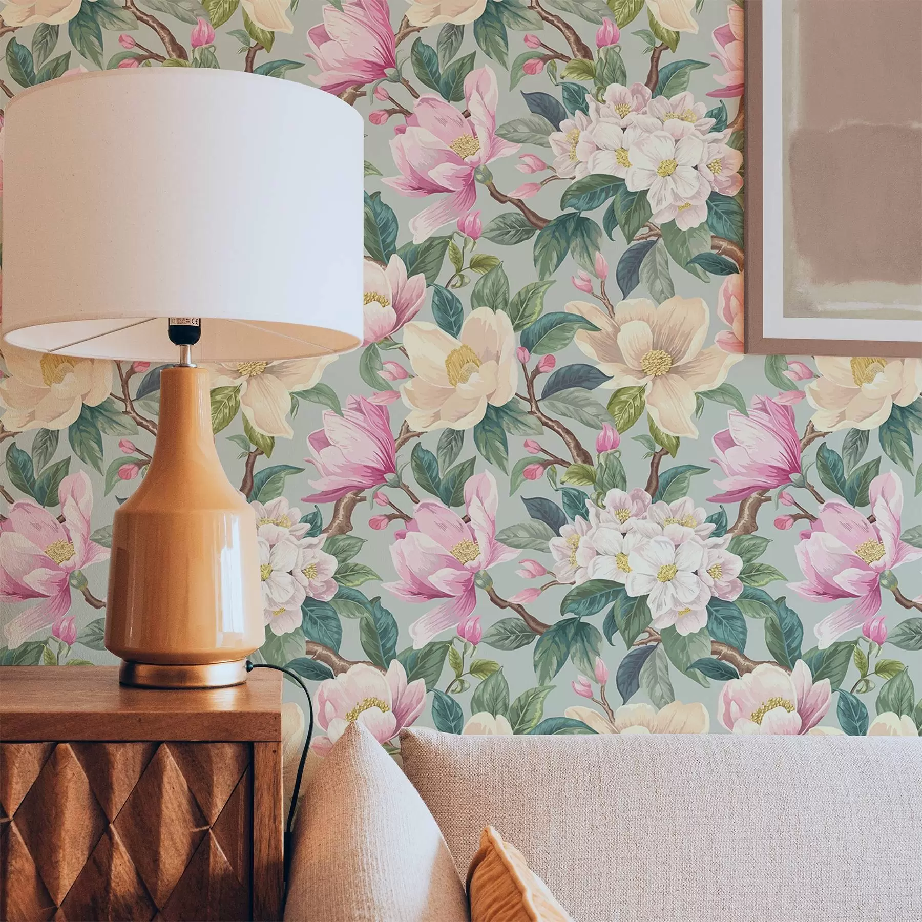 Фототапет Магнолии и бели цветове на ментово-сив фон a00644