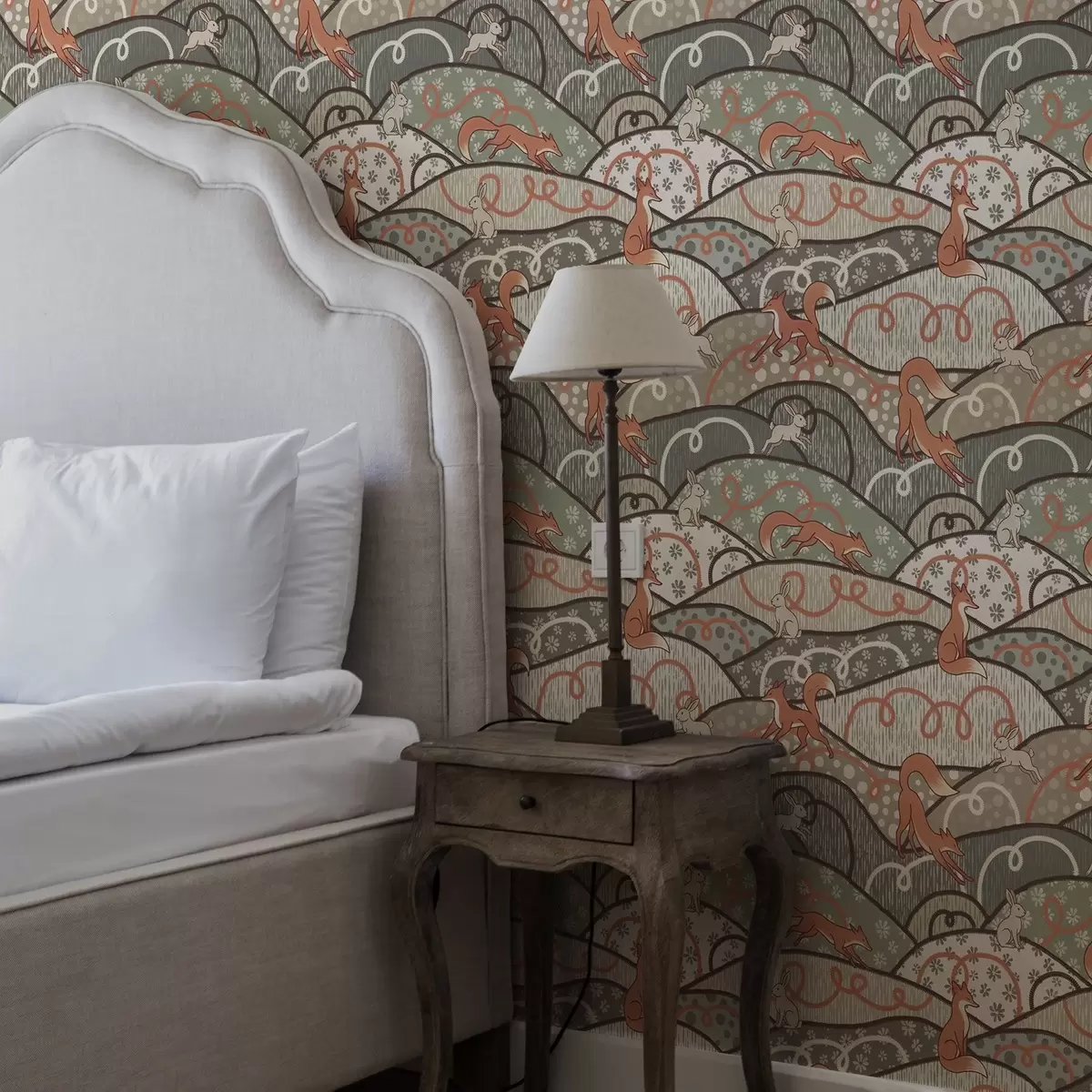 Тапети Лисици и зайци на вълнообразни хълмове, ретро мотив a00690