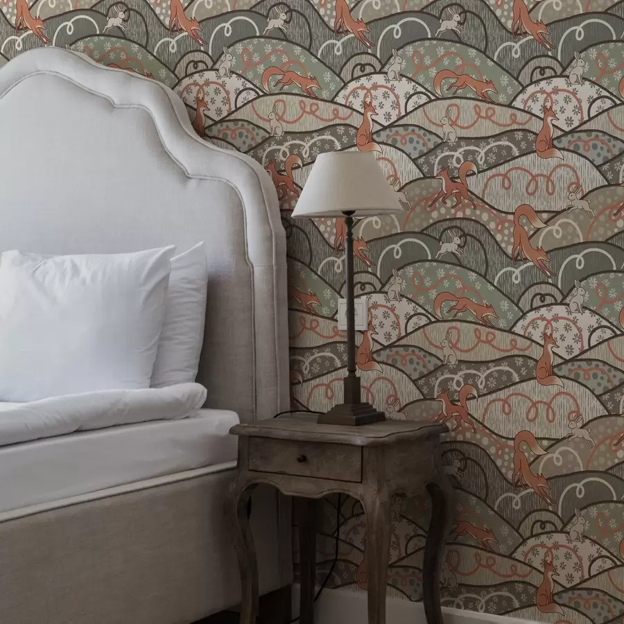 Фототапет Лисици и зайци на вълнообразни хълмове, ретро мотив a00690