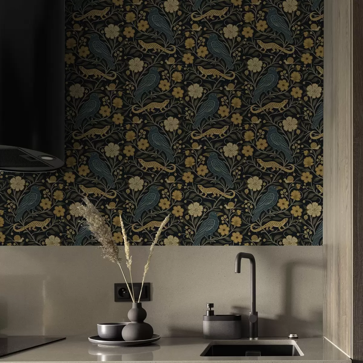 Тапети Птици, гущери и охлюви сред цветя на тъмен фон a00691