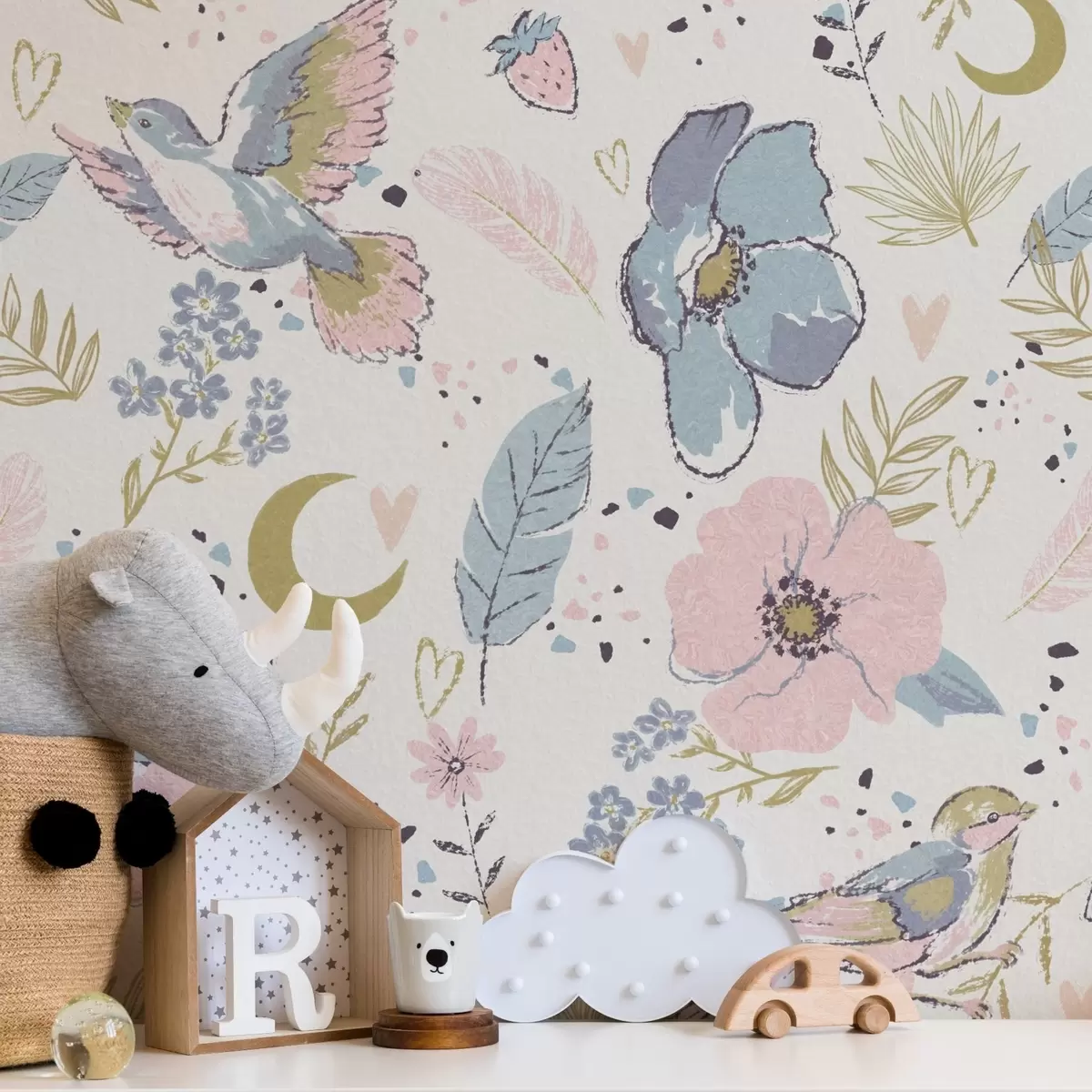 Тапети Пастелни птици и цветя с полумесеци на бял фон a00721