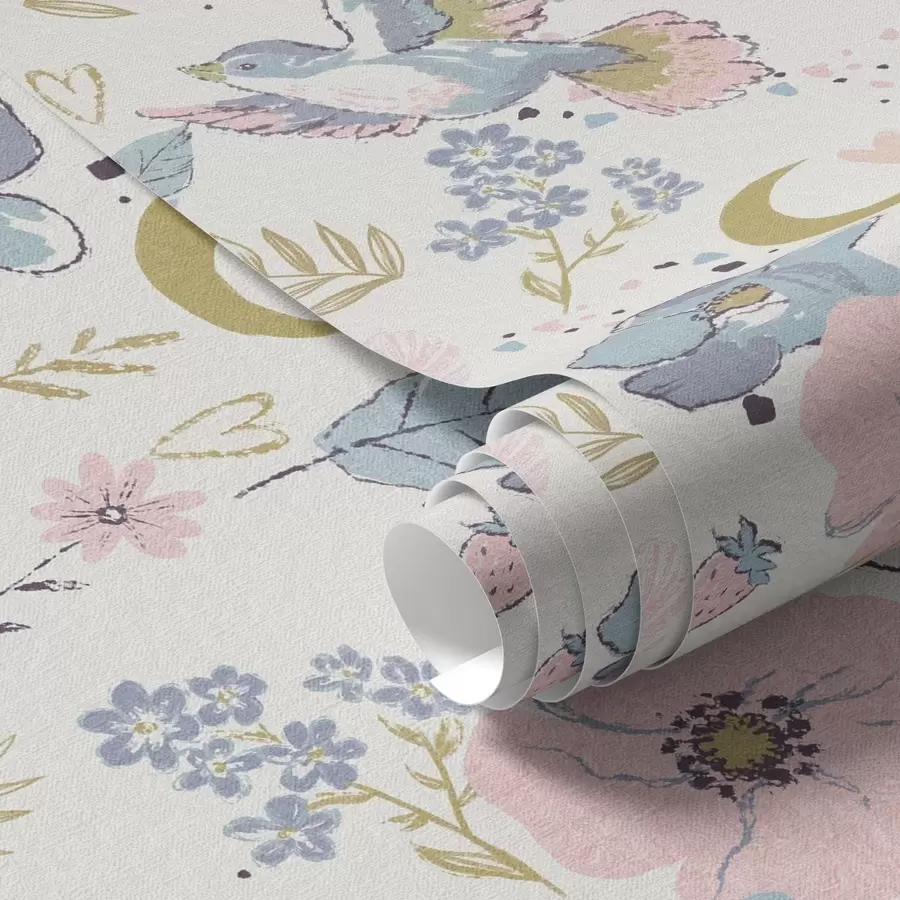 Фототапет Пастелни птици и цветя с полумесеци на бял фон a00721