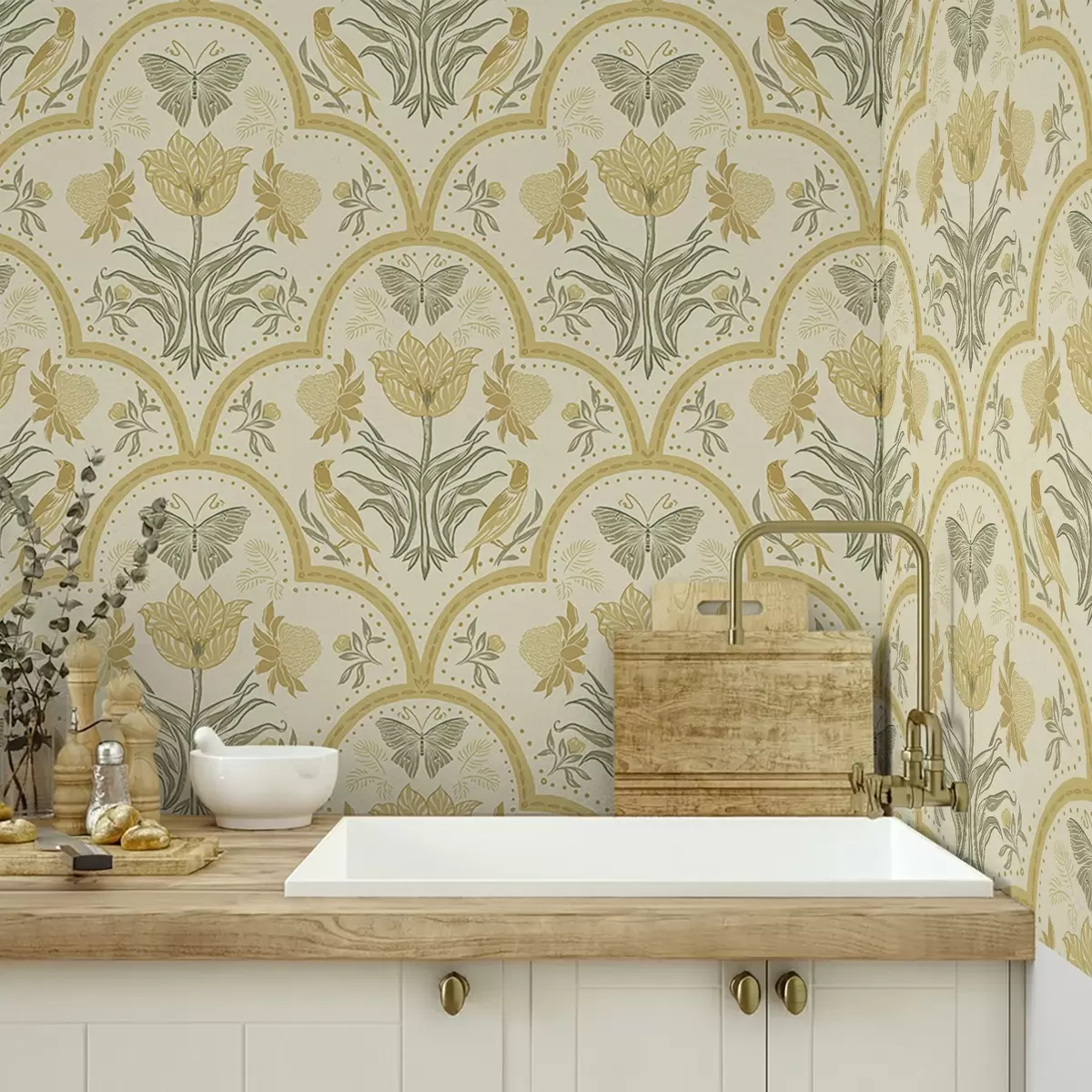 Тапети Украшение с лале, птици и пеперуди, охра a00722