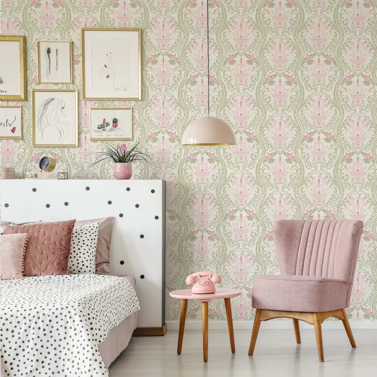 Тапети Фонтани, колибри и зелени свитъци на светъл фон a00723