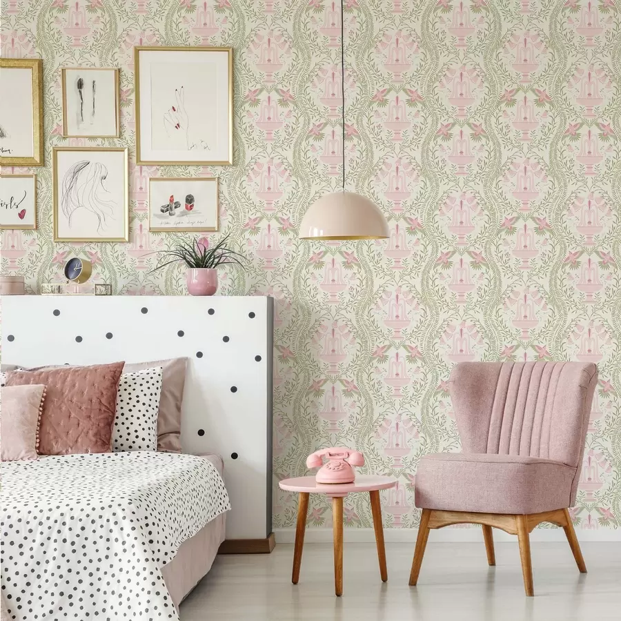 Фототапет Фонтани, колибри и зелени свитъци на светъл фон a00723