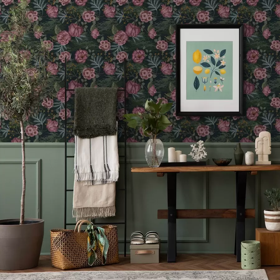 Фототапет Тъмна флора с розови цветя и листа, тъмен фон a00724