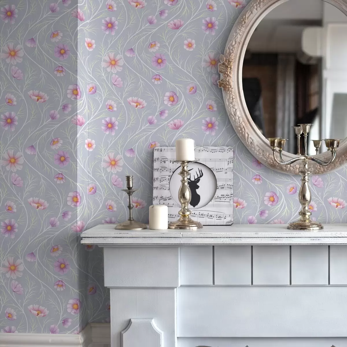 Тапети Розов космос и тънки стъбла на сив фон a00791