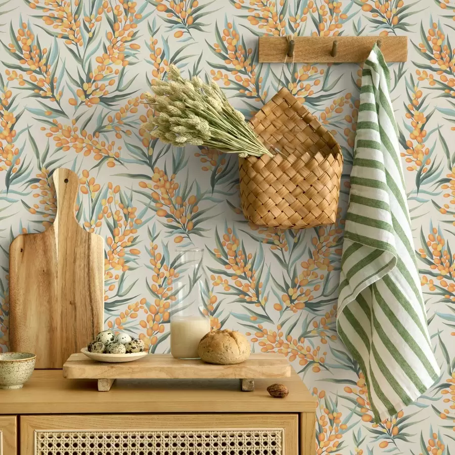 Фототапет Клони от морски зърнастец с оранжеви плодове, светъл фон a00792