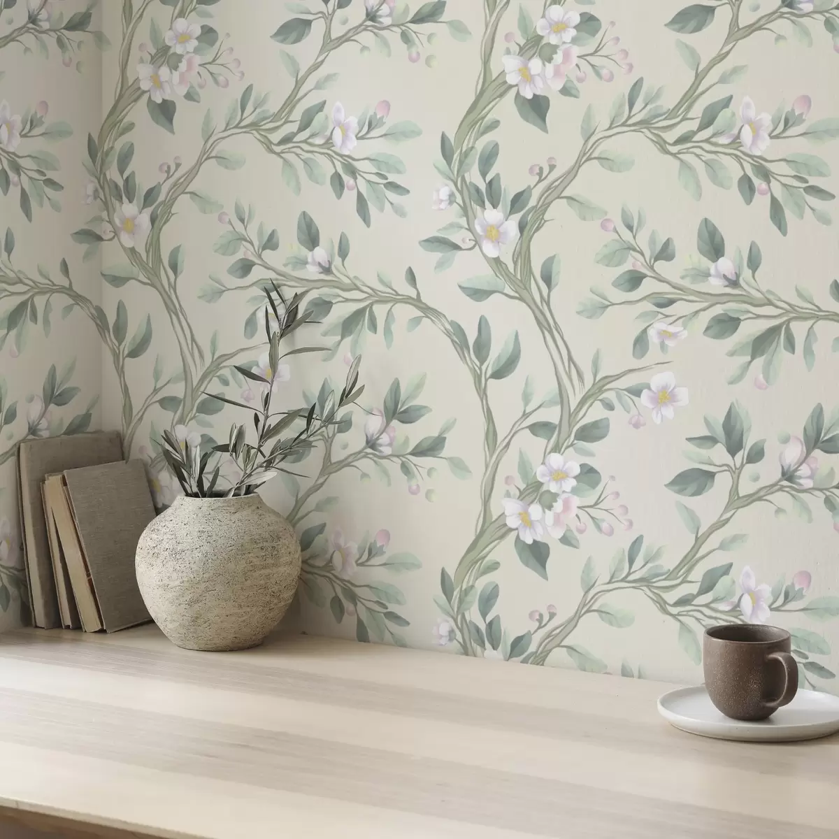 Тапети Деликатни цъфтящи клони на кремав фон, пастелни цветове a00793