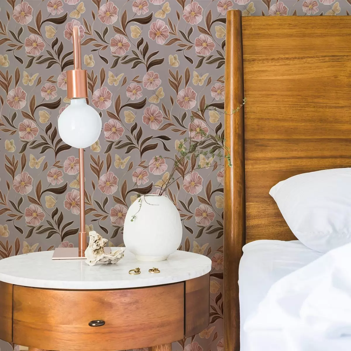 Тапети Розови цветя и пеперуди на сиво-бежов фон a00633