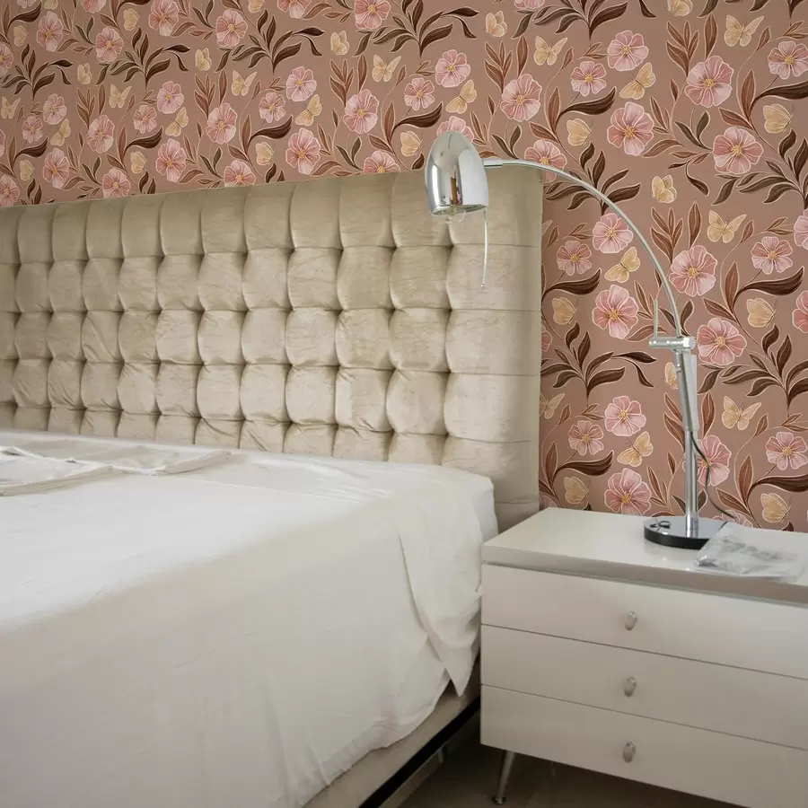 Фототапет Розови цветя и пеперуди на топъл кафяв фон a00633v1