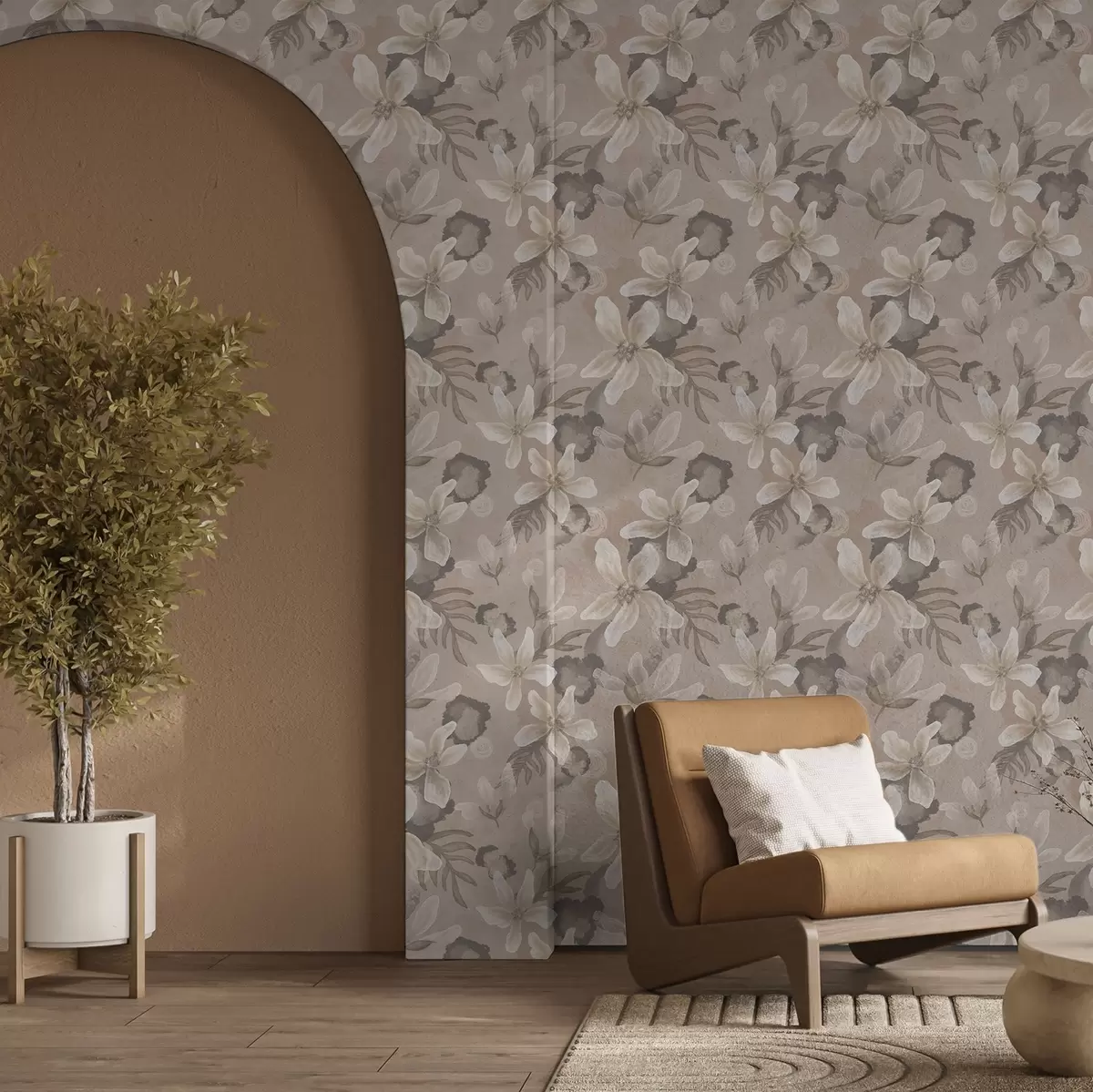 Тапети Големи бежови цветя с абстрактни акварелни петна a00635