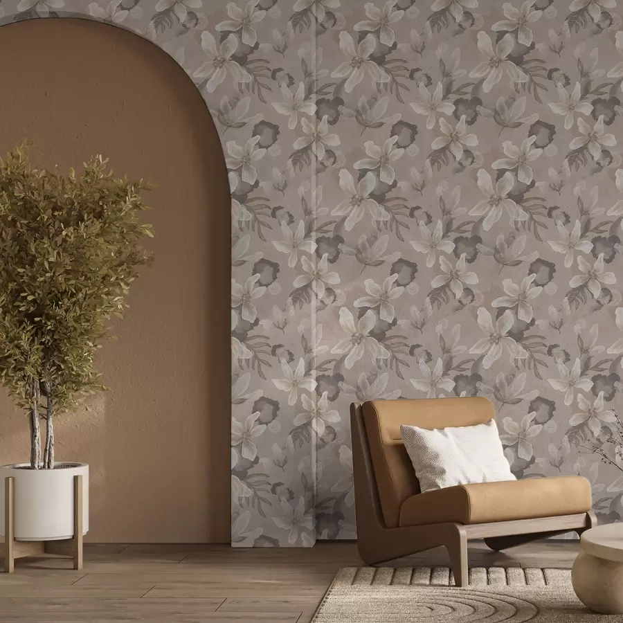 Фототапет Големи бежови цветя с абстрактни акварелни петна a00635