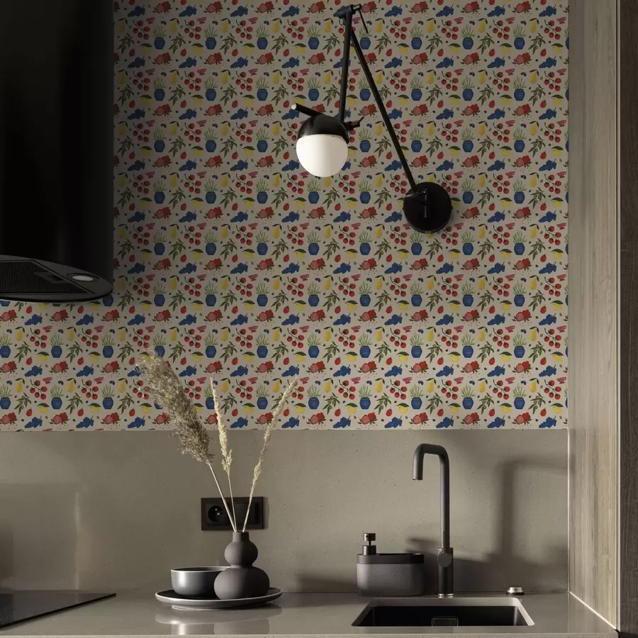 Фототапет Ярък мотив с плодове, клони и вази a00637