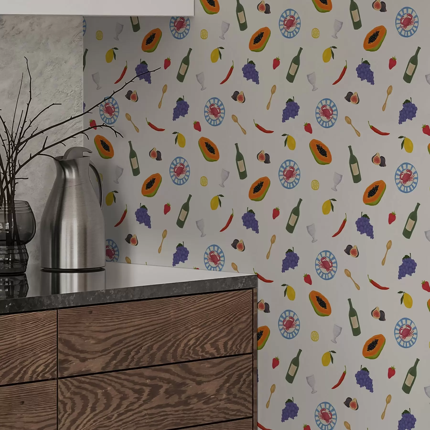 Фототапет Подредени плодове, вино и подправки на светъл фон a00639