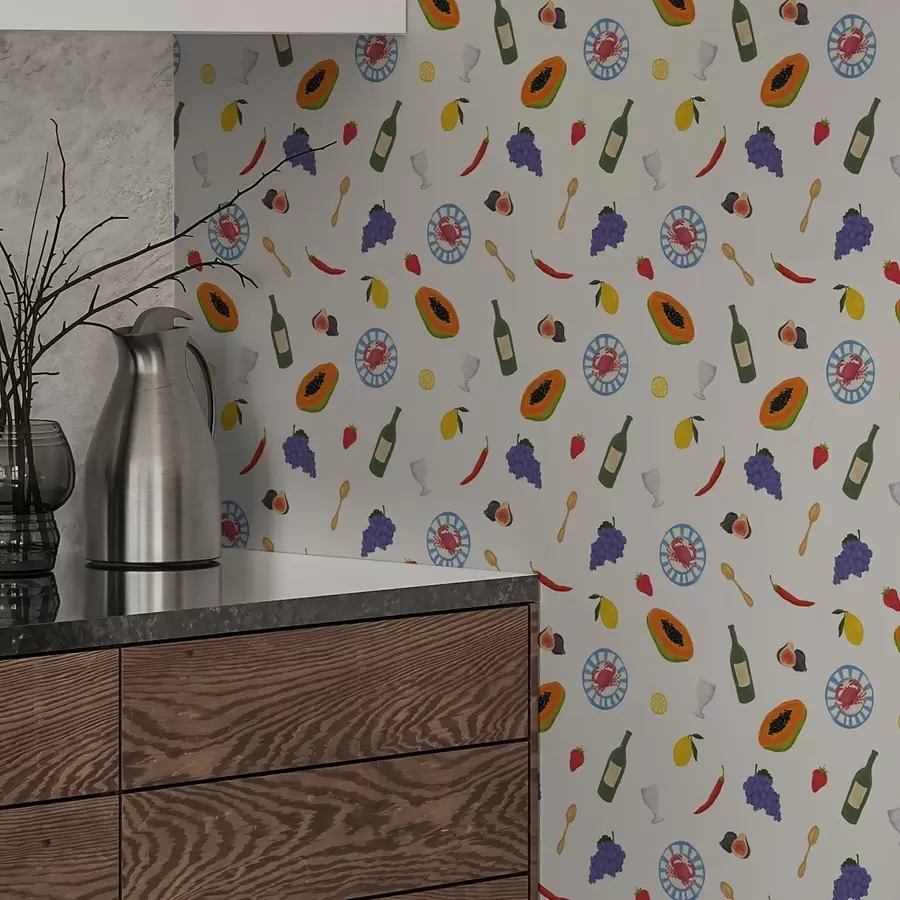 Фототапет Подредени плодове, вино и подправки на светъл фон a00639