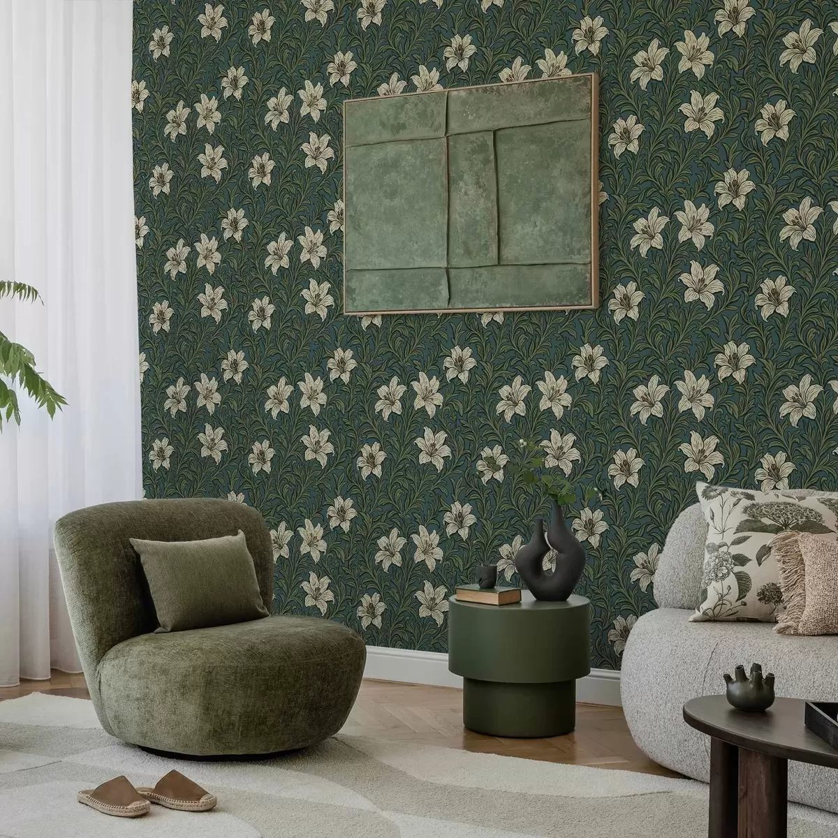 Тапети Кремави лилии сред гъста зеленина на тюркоазен фон a00645