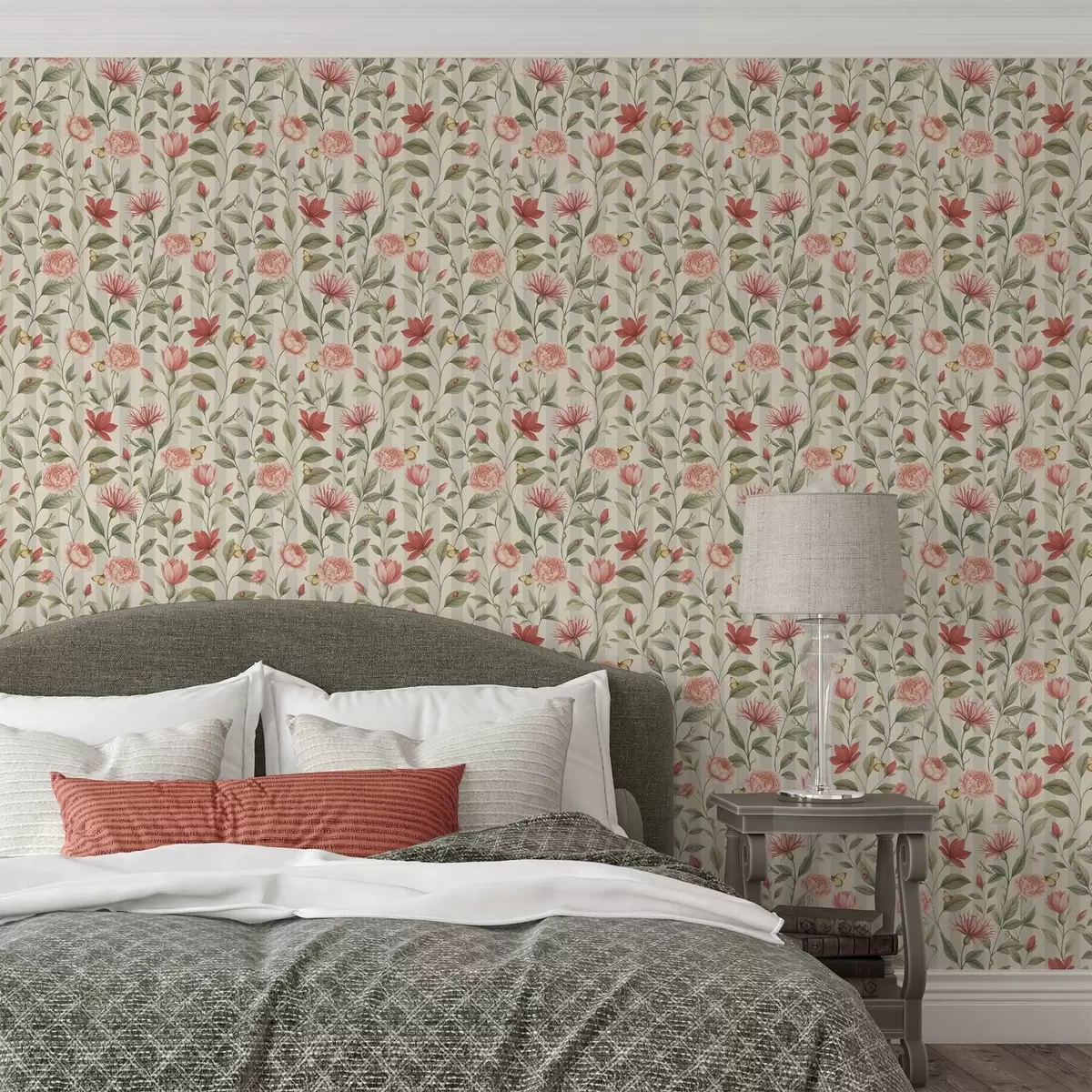 Тапети Цветни стъбла с пеперуди на светъл фон a00698