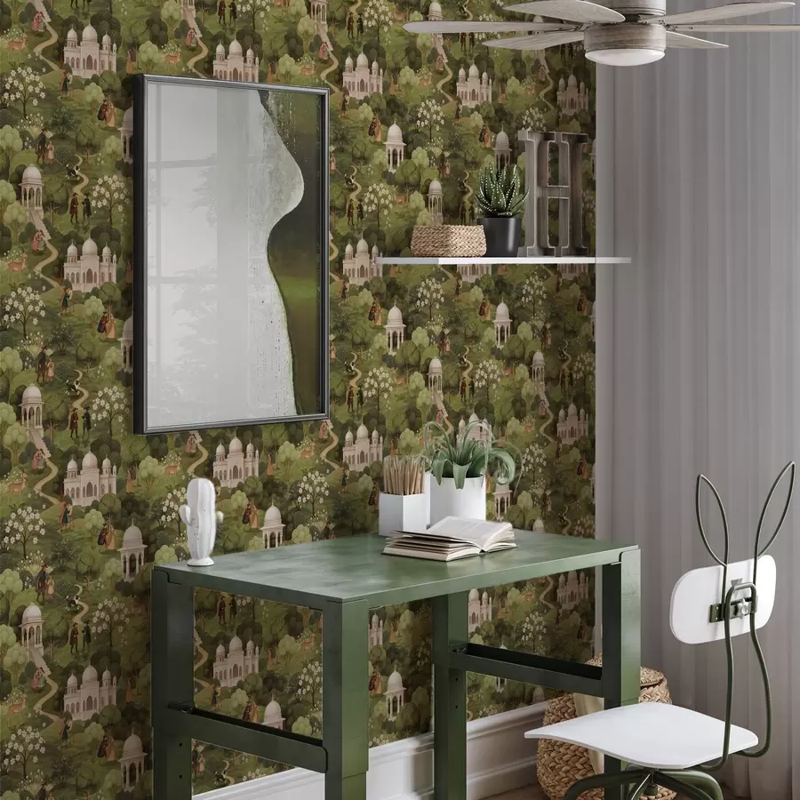 Фототапет Паркова сцена с дървета и архитектура в пейзажен стил a00705