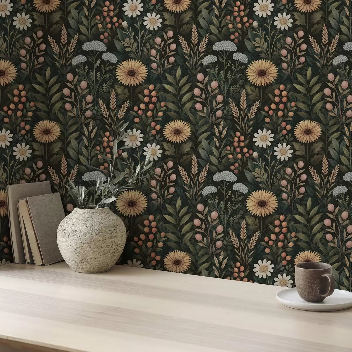 Тапети Диви цветя и плодове на тъмен фон, естествен орнамент a00707