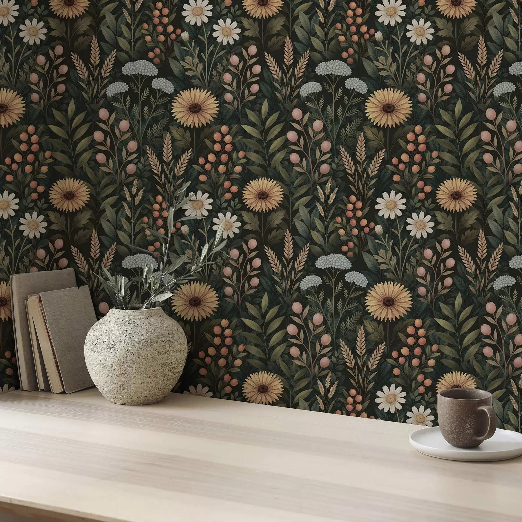 Фототапет Диви цветя и плодове на тъмен фон, естествен орнамент a00707