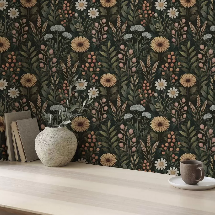 Фототапет Диви цветя и плодове на тъмен фон, естествен орнамент a00707