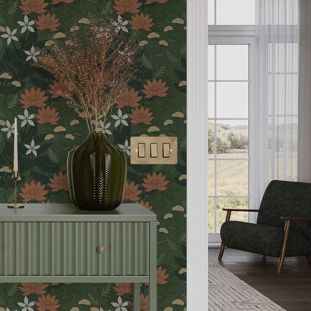 Тапети Големи цветя сред зелена листа, декоративна композиция a00708