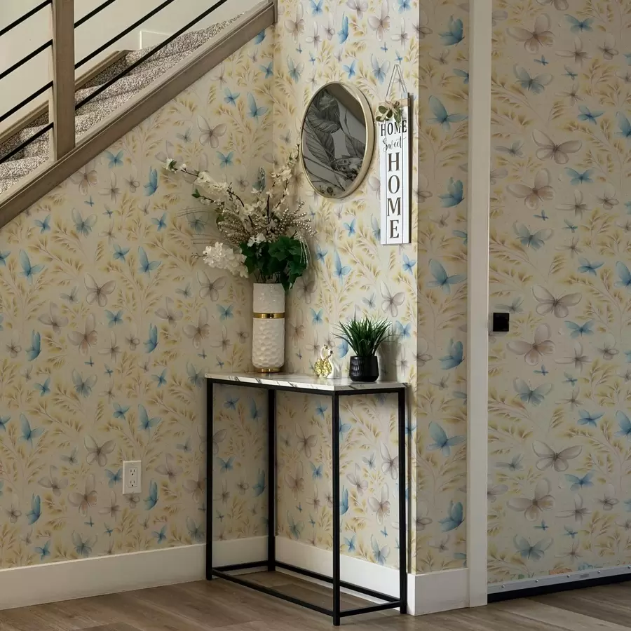 Фототапет Светли пеперуди сред жълти листа на светъл фон a00795