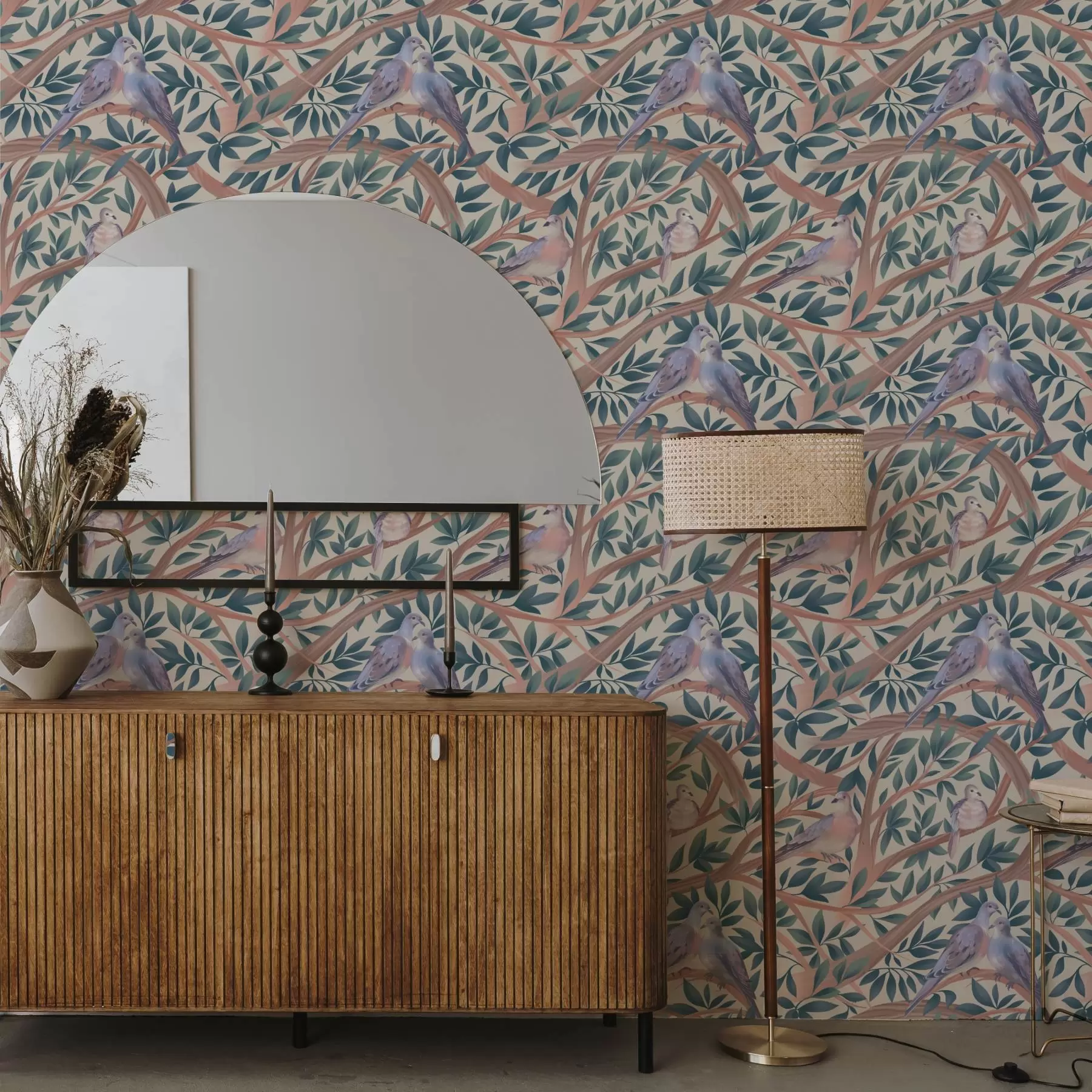 Фототапет Гълъби сред клони и листа в мека пастелна палитра a00796