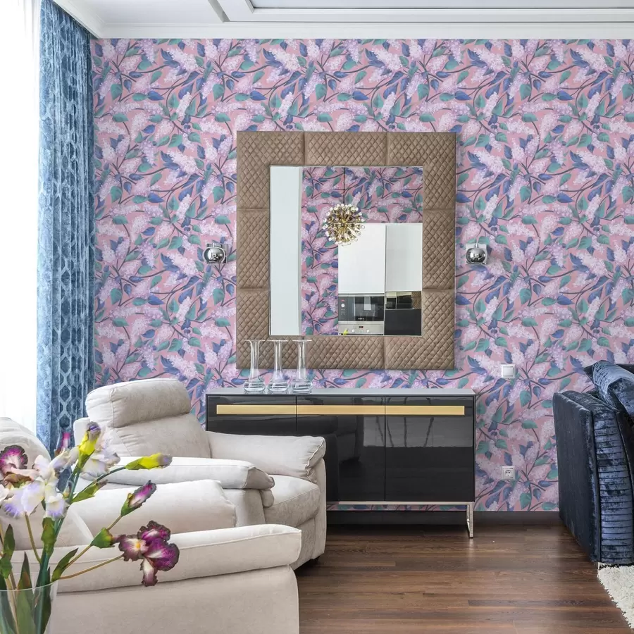 Фототапет Нежни лилави цветя на розов фон, пролетно настроение a00797