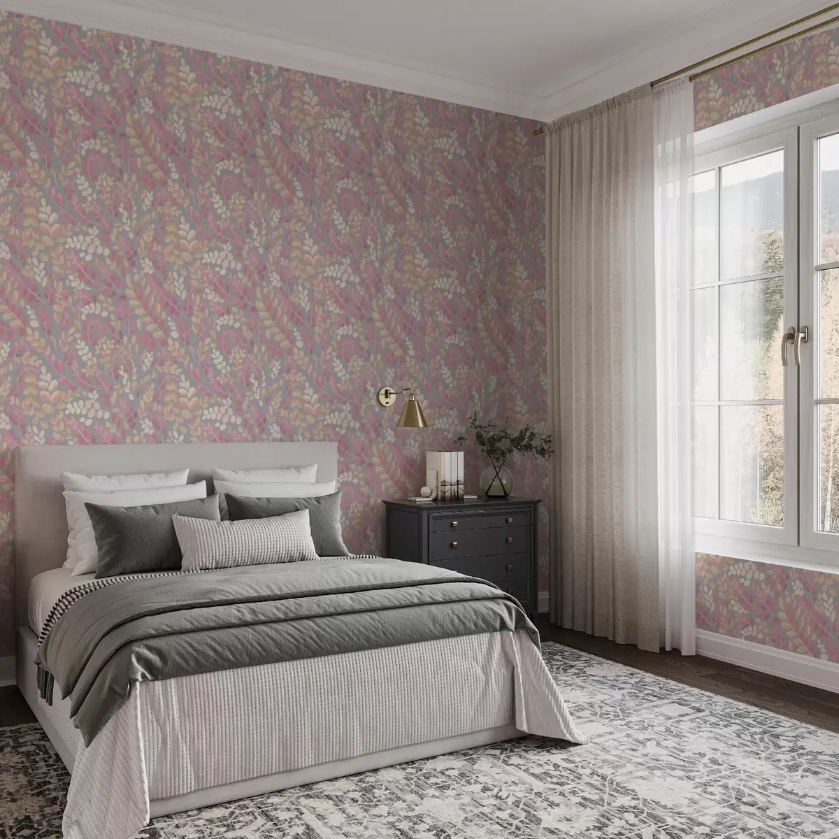 Тапети Пастелни клони с розово-прасковено листа на сив фон a00799v1