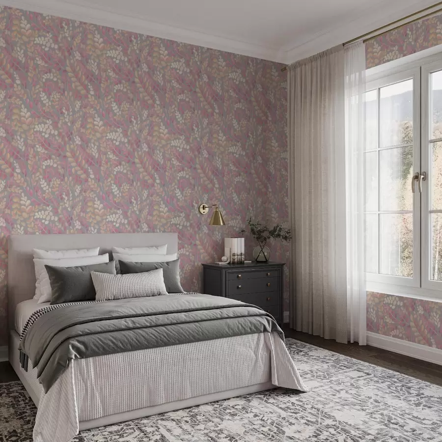 Фототапет Пастелни клони с розово-прасковено листа на сив фон a00799v1