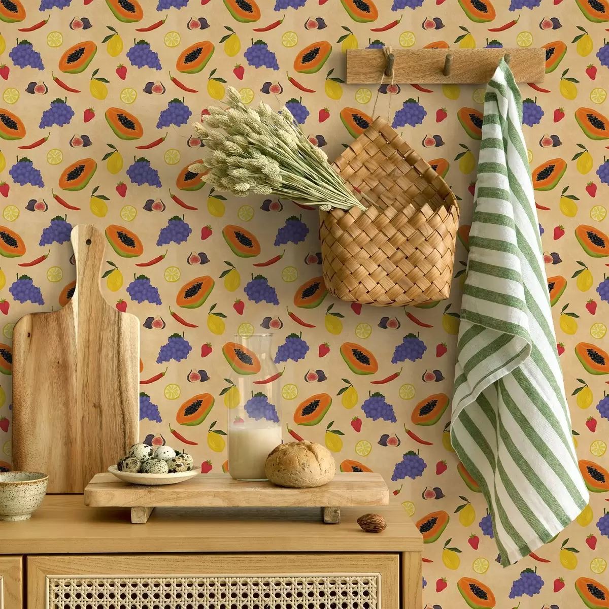 Тапети Папая, цитрусови плодове и горски плодове на богат топъл фон a00803v1