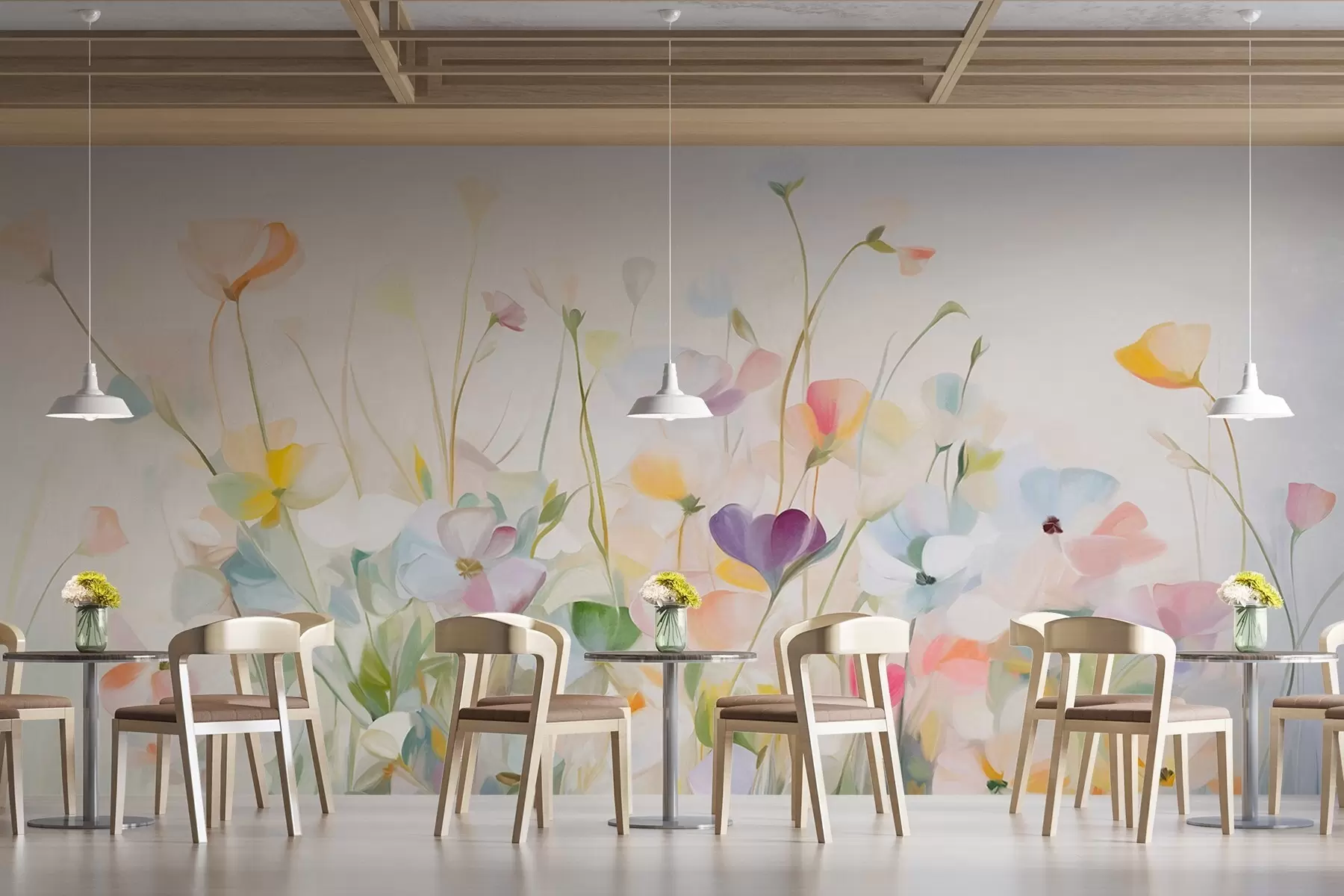 Фототапет Абстрактно поле от цветни цветя с дълги стъбла и зелени листа, текстурирани, пастелни, светли цветове w09466