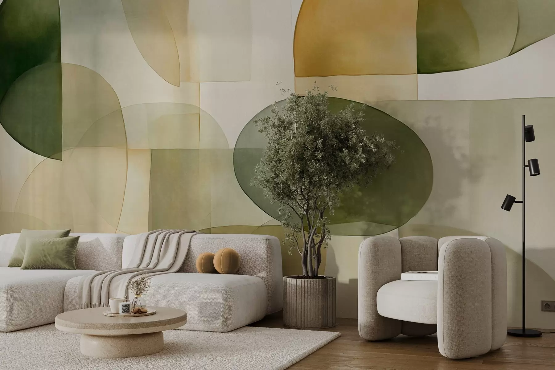 Фототапет Абстрактни текстурирани форми в нюанси на зелено и жълто, приглушени тонове, минималистична композиция, неутрален фон w09467