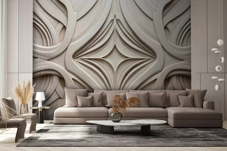 Фототапет Абстрактен симетричен текстуриран геометричен принт, светлобежов цвят, стил ар деко, сложни детайли w09473