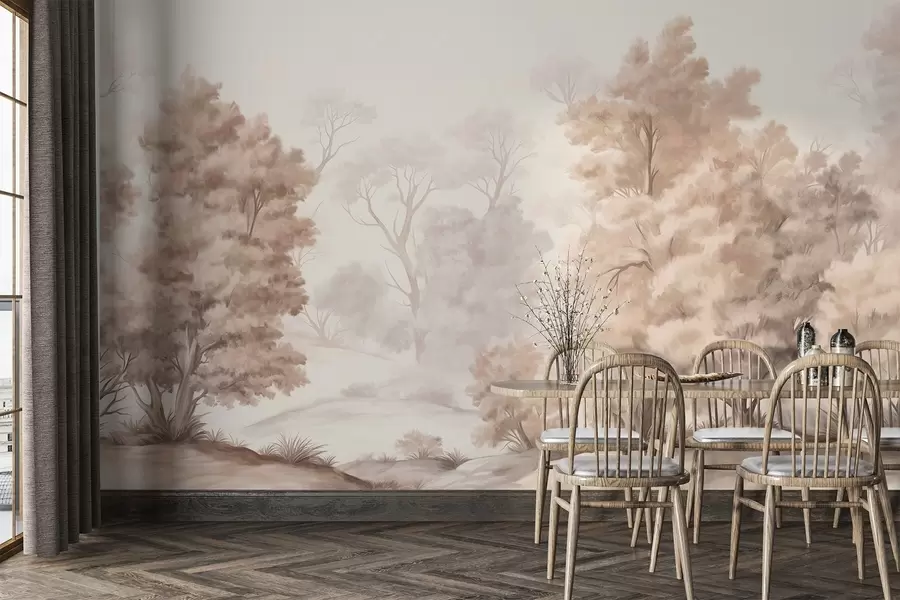 Фототапет Текстурирана пейзажна живопис, имитираща гора с високи дървета и трева, приглушени и меки цветове, успокояваща сцена w09474