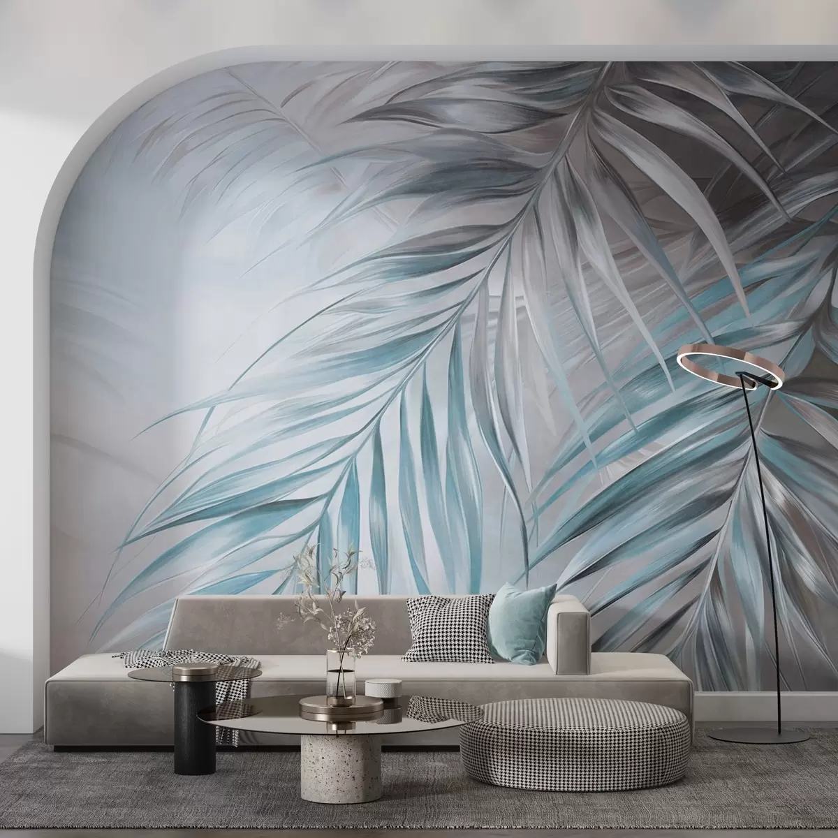 Фототапет Палмови листа в сиви и сини тонове, светъл текстуриран фон с меки цветове, елегантен тропически стил w09475v1