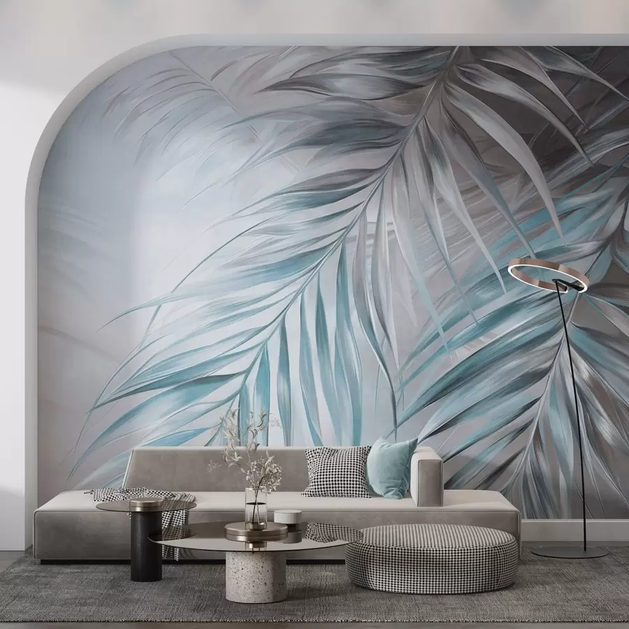 Фототапет Палмови листа в сиви и сини тонове, светъл текстуриран фон с меки цветове, елегантен тропически стил w09475v1