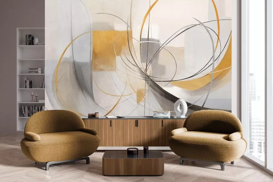 Фототапет Абстрактен текстуриран модерен стил на рисуване с извити линии и геометрични форми в нюанси на сиво, бяло и оранжево w09476