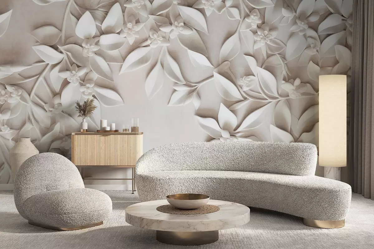 Фототапет Бели текстурирани цветя и листа, цветя аранжировка, елегантен дизайн, минималистичен стил, декоративно изкуство w09479