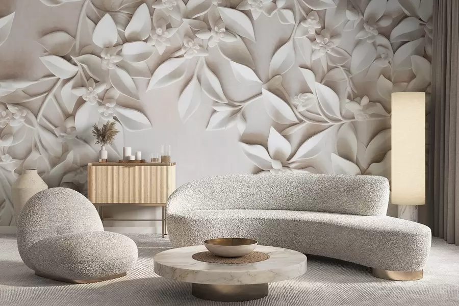 Фототапет Бели текстурирани цветя и листа, цветя аранжировка, елегантен дизайн, минималистичен стил, декоративно изкуство w09479