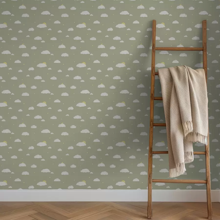 Фототапет Меки облаци, звезди и слънце на зеленикаво-сив фон a00652v1