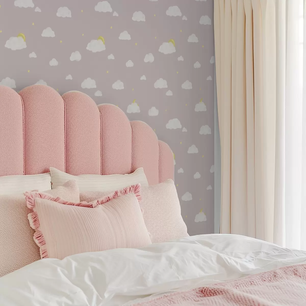 Тапети Меки облаци, звезди и слънце на розово-сив фон a00652v2