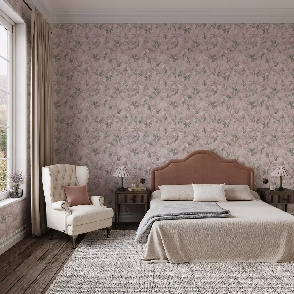 Тапети Розови цветя с нежни листа на мек фон a00675